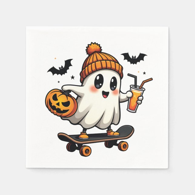 Spooky Halloween Skating Pumpkin Spice Ghost Fall Pappersservett (Framsidan)