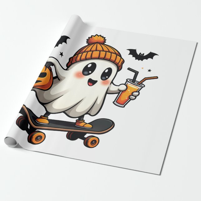 Spooky Halloween Skating Pumpkin Spice Ghost Fall Presentpapper (Utrullad)