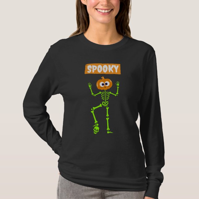 Spooky Halloween Skeleton med Pumpkin Head T Shirt (Framsida)