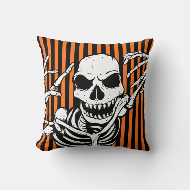 Spooky Halloween Skeleton Orange Black Kudde (Framsida)