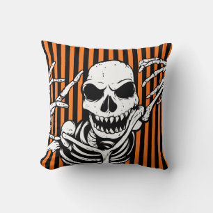 Spooky Halloween Skeleton Orange Black Stripe Kudde