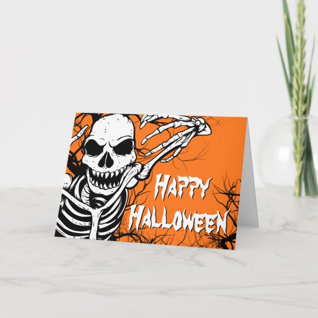 Spooky Halloween Skeleton Orange Scary Kort (Framsida)