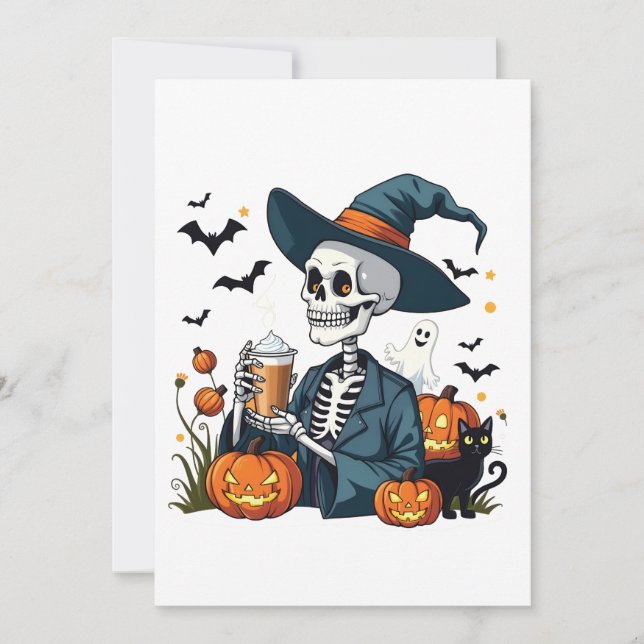 Spooky Halloween Skeleton Sippin Pumpkin Spice Tack Kort (Framsida)