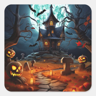 Spooky Halloween Skeleton Skull Haunted House Fyrkantigt Klistermärke