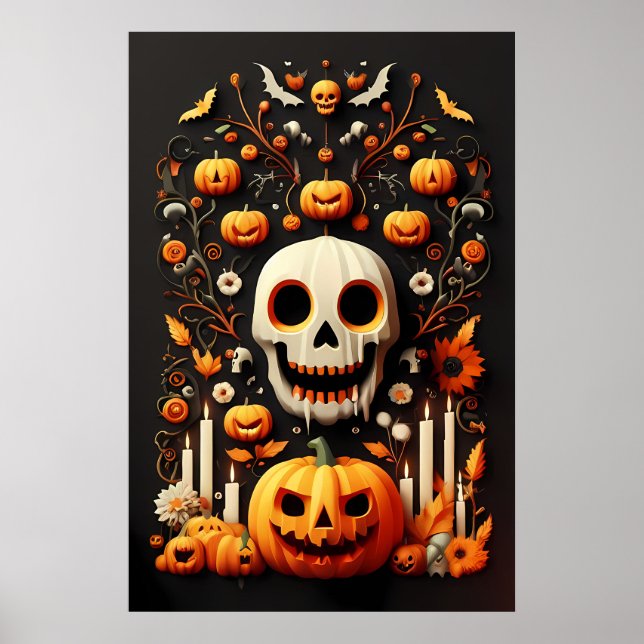 Spooky Halloween Skull Art, Haunting White Skull Poster (Framsidan)