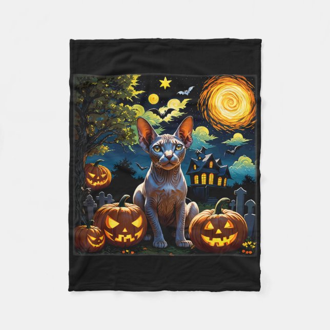 Spooky Halloween Sphynx Starry Natt Fleecefilt (Framsidan)