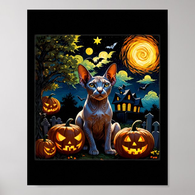 Spooky Halloween Sphynx Starry Natt Poster (Framsidan)