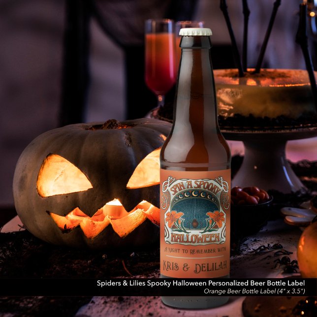 Spooky Halloween Spiders & Lily Victorian Vintage Ölflaska Etikett (Spin a Spooky Halloween Personalized, Vintage Style Beer Bottle Label - Orange)