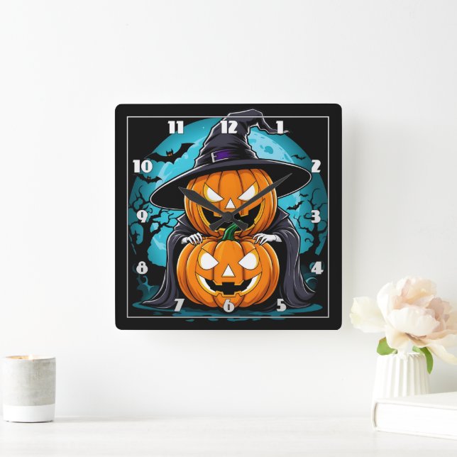 Spooky Halloween-spöket med eländiga pumpor Fyrkantig Klocka (Hem)