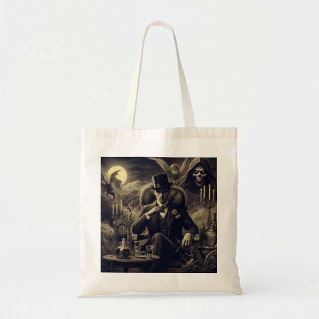 Spooky Halloween Steampunk Man in Fog Tote Bag Tygkasse (Framsidan)