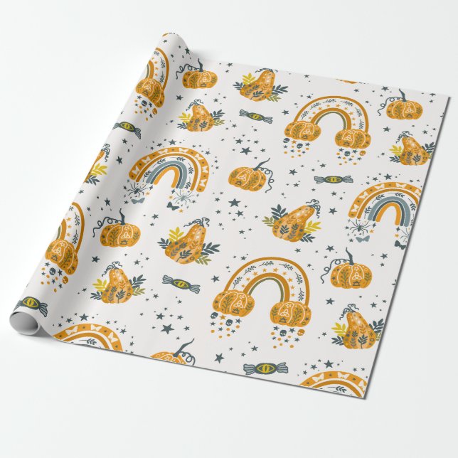 Spooky Halloween-symboler mönster Presentpapper (Utrullad)