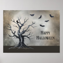 Spooky Halloween Träd med Raven och Fladdermus