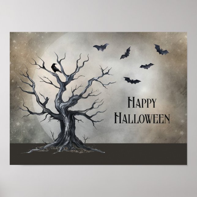 Spooky Halloween Träd med Raven och Fladdermus Poster (Framsidan)