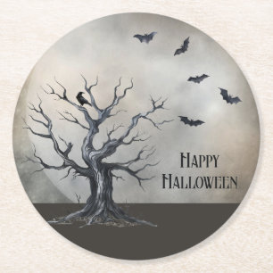 Spooky Halloween Träd med Raven och Fladdermus Underlägg Papper Rund