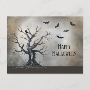 Spooky Halloween Träd med Raven och Fladdermus Vykort