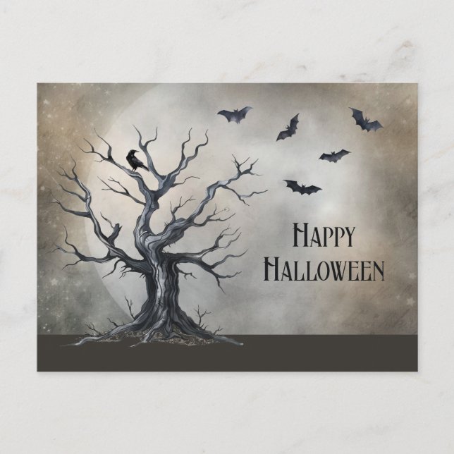 Spooky Halloween Träd med Raven och Fladdermus Vykort (Framsida)