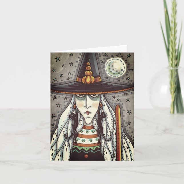 SPOOKY HALLOWEEN WITCH, BLACK CAT EARRINGS Blank Kort (Framsida)