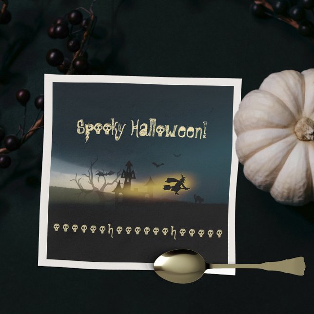 Spooky Halloween Witch Castle Fladdermus Döskallar Pappersservett (Spooky Halloween Witch Castle Bats Skulls Napkins ©Susanne Sachers - Sunny Mind Design 🌞)