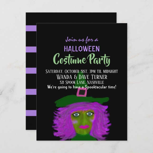 Spooky Halloween Witch Costume Party Inbjudningar (Fram/baksida)