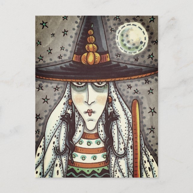 SPOOKY HALLOWEEN WITCH, SPÖKEN, BLACK CAT EARRINGS VYKORT (Framsida)