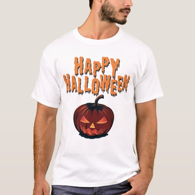 Spooky Happy Halloween Pumpkin with Dripping Text T Shirt (Framsida)