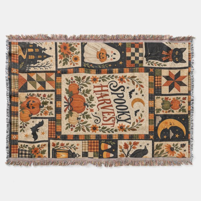 Spooky Harvest Vintage Halloween Patchwork Filt (Framsidan)
