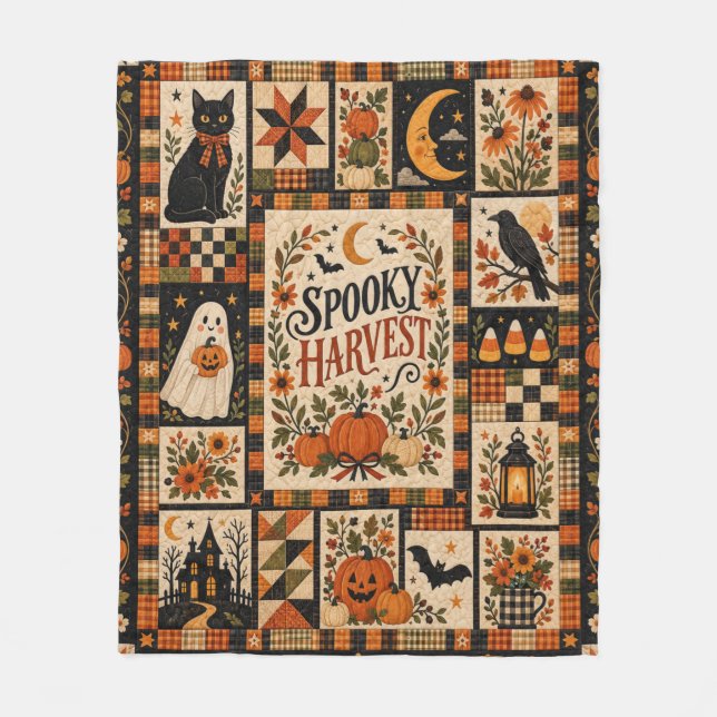 Spooky Harvest Vintage Halloween Patchwork Fleecefilt (Framsidan)