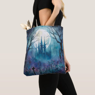 Spooky Haunted Castle Full Moon Blue Halloween Tygkasse