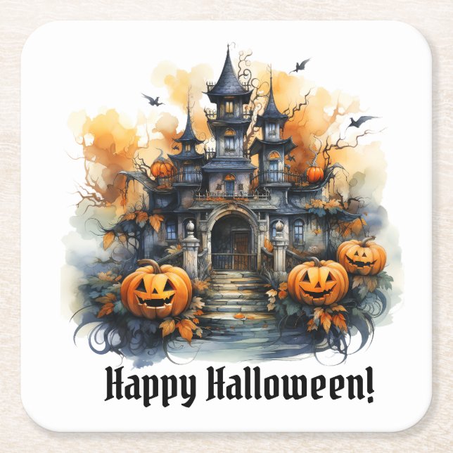 Spooky Haunted Castle Halloween Papper Underlägg Kvadrat (Framsidan)