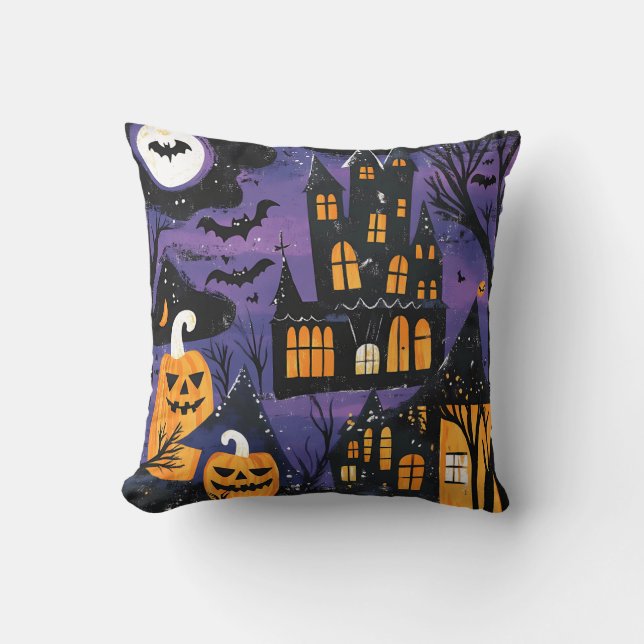 Spooky Haunted Castle Jack-O-Lantern Halloween Kudde (Framsida)