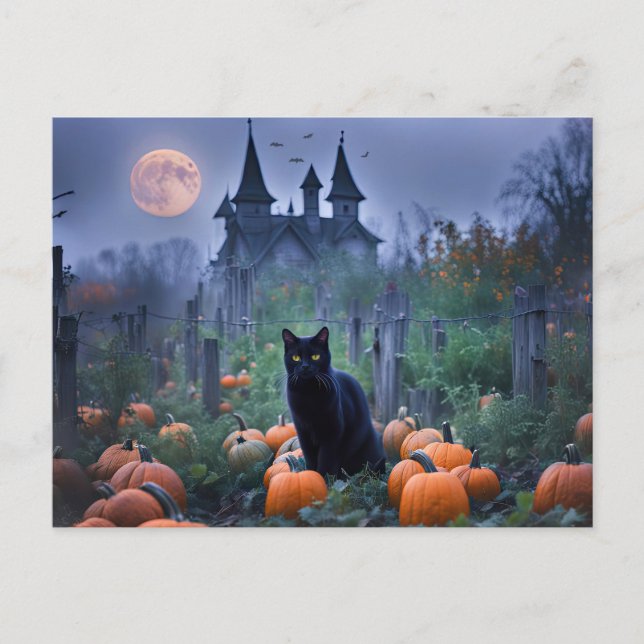 Spooky Haunted House Black Cat Pumpkins Helg Vykort (Framsida)