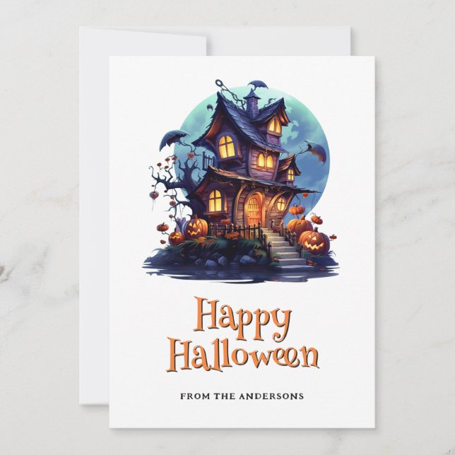 Spooky Haunted House Ghost Pumpkins Halloween Card Julkort (Framsida)