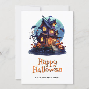 Spooky Haunted House Ghost Pumpkins Halloween Card Julkort