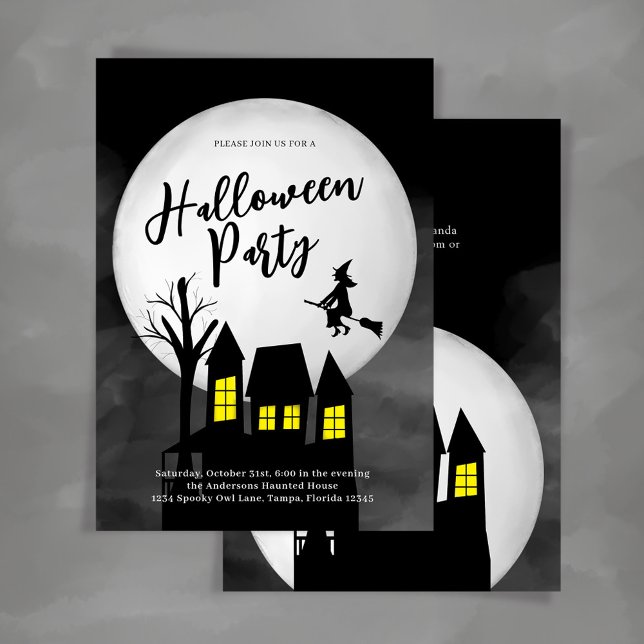 Spooky Haunted House Halloween fest Anpassningsbar Inbjudningar (Halloween party Invitation with spooky haunted house and flying witch.)