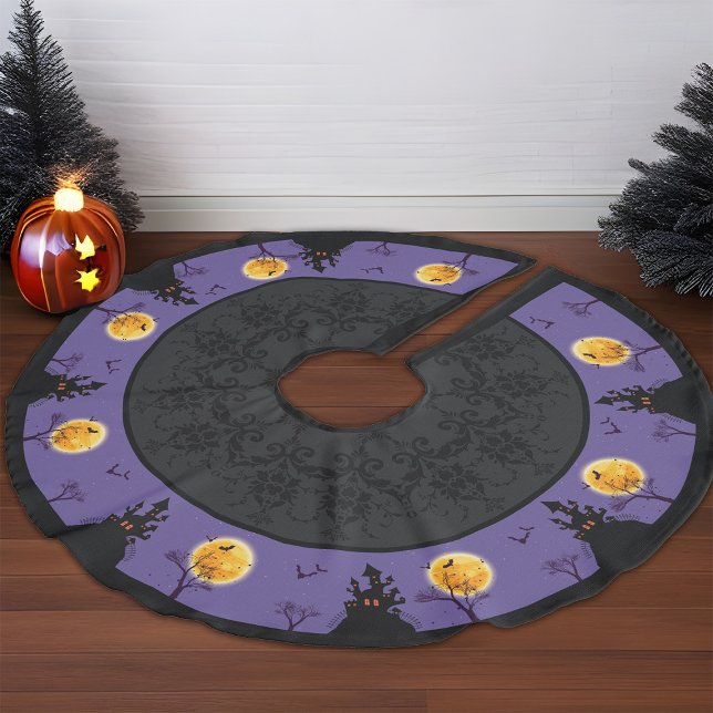 Spooky Haunted House Halloween Lila Moonlit Fladde Julgransmatta Fusklinne (Purple haunted house damask decorative Halloween tree skirt)