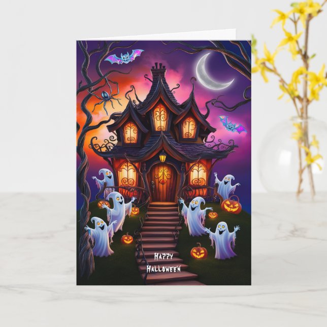 Spooky Haunted House Halloween Nattscen Kort (Gul blomma)