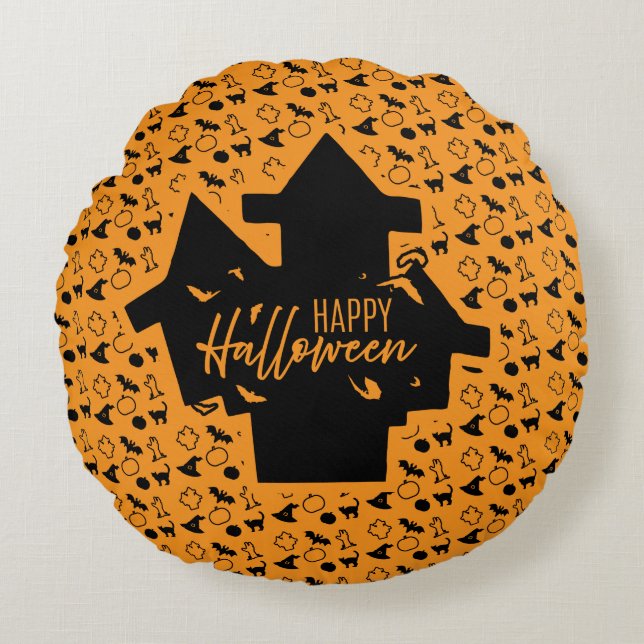 Spooky Haunted House Halloween Rund Kudde (Framsidan)