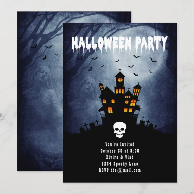 Spooky Haunted House med Blue Ghost Inbjudningar (Fram/baksida)