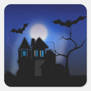 Spooky Haunted House med Full Moon Fyrkantigt Klistermärke
