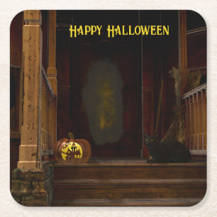 Spooky Haunted House Porch Underlägg Papper Kvadrat