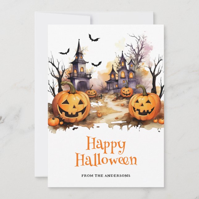 Spooky Haunted House Pumpkins Happy halloween Card Julkort (Framsida)