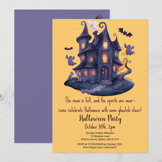 Spooky Haunted House Spöken Fladdermus Halloween f Inbjudningar (Fram/baksida)