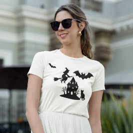 Spooky Haunted House & Witch Silhouette | T Shirt
