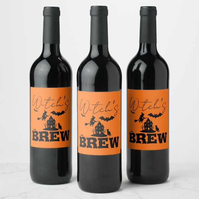 Spooky Haunted House & Witch Silhouette | Vinflaska Etikett (Flaskor)