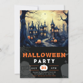 Spooky Haunted Town Houses Pumpkins Halloween Inbjudningar