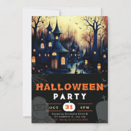 Spooky Haunted Town Houses Pumpkins Halloween Inbjudningar