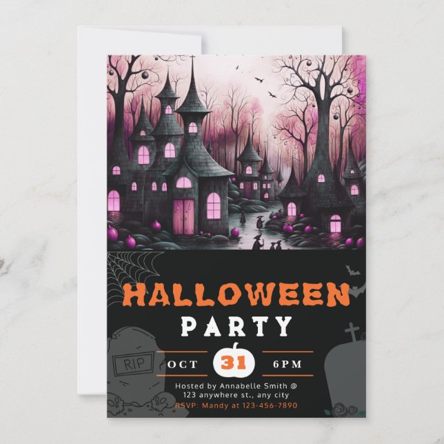 Spooky Haunted Town Houses Pumpkins Halloween Inbjudningar (Framsida)