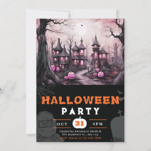 Spooky Haunted Town Houses Pumpkins Halloween Inbjudningar
