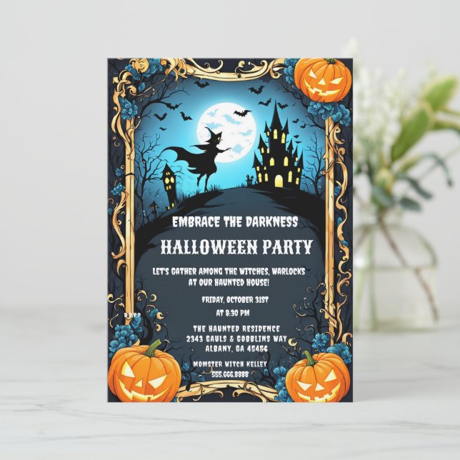 Spooky Haunted Witch House Halloween fest Inbjudningar (Stående Fram)