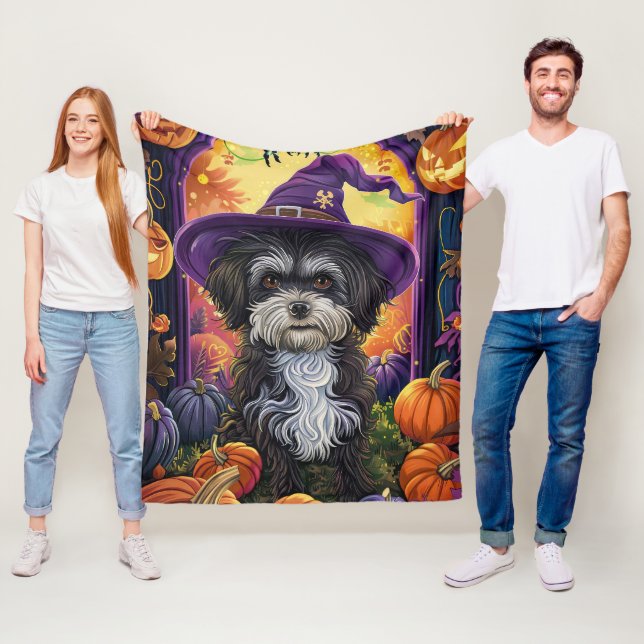 Spooky Havanese Hund Halloween Witch and Pumpkin Fleecefilt (På plats)